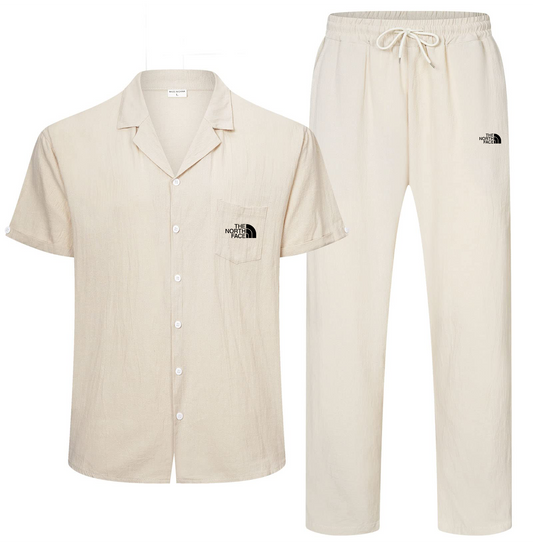 Linen Shirt Pants Set: Men's Linen Suit 2 Piece Short Sleeve Shirt Yoga Pants Beach Wedding Suit